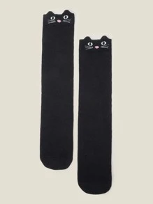 Girls Cat Print Over The Knee Socks - Black - View 2