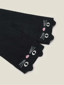 Girls Cat Print Over The Knee Socks - Black - View 3