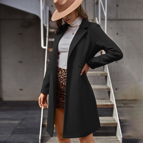 

Lapel Collar Double Button Overcoat, Black