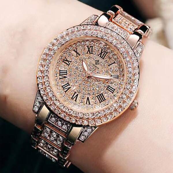

Rhinestone Decor Round Pointer Quartz Watch