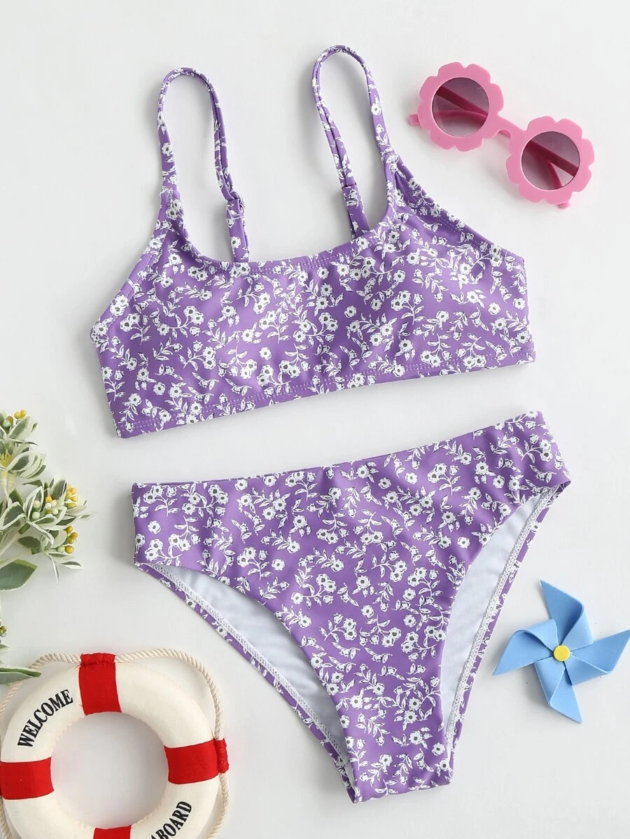 Tween Girl Plant Print Bikini Set Summer Beach - Multicolor - View 1