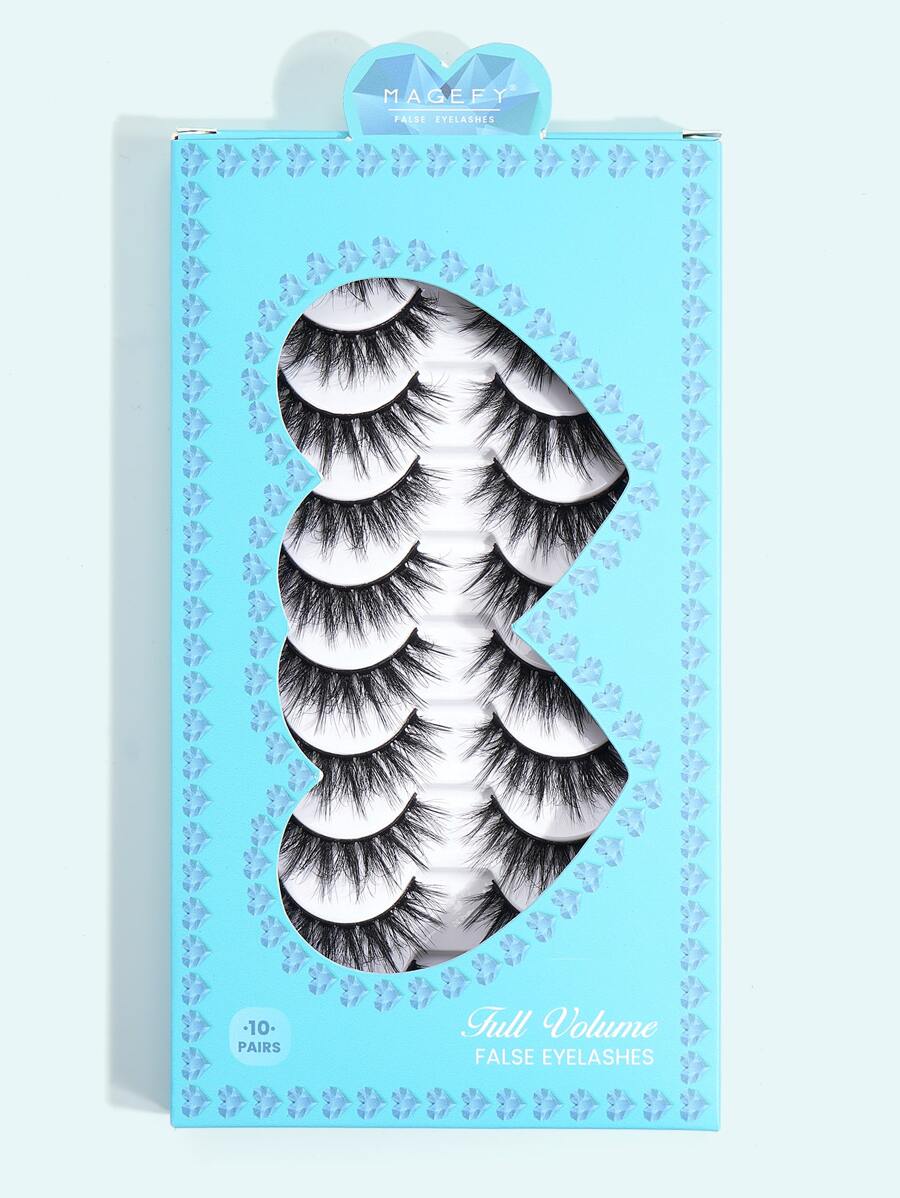 Magefy 10對/組天然全膠皮假睫毛,附心形禮盒,厚卷翹毛蓬鬆眼睫毛適用於派對漫畫眼睫毛旅行必備品 - 黑色 - 查看 1
