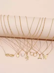 7pcs Butterfly & Snake Charm Necklace, Stainless Steel Jewelry - Yellow Gold - View 3