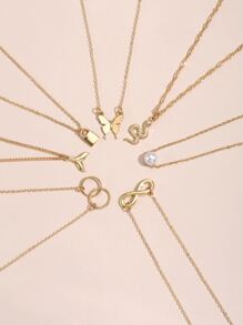 7pcs Butterfly & Snake Charm Necklace, Stainless Steel Jewelry - Yellow Gold - View 6