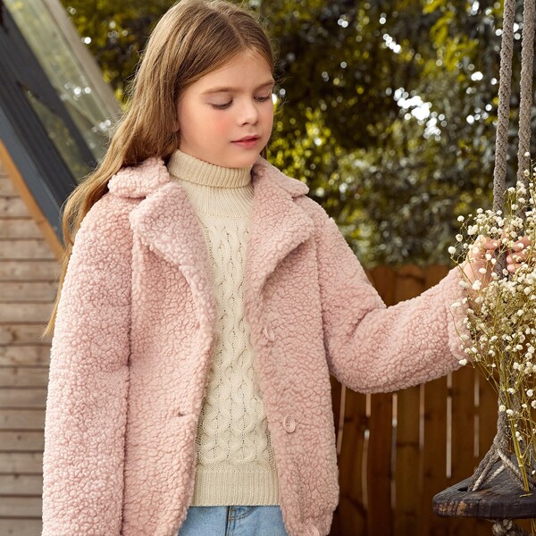 

Girls Lapel Neck Teddy Jacket, Dusty pink