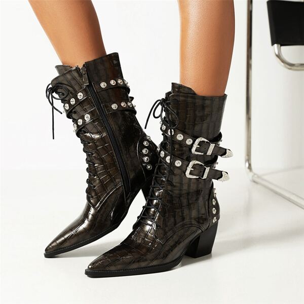 

Buckle Detail Crocodile Embossed Chunky Heeled Boots, Grey