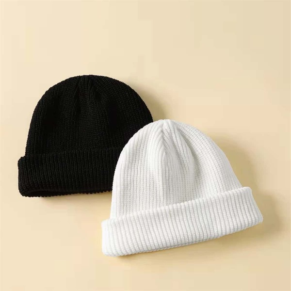 

2pcs Solid Knit Beanie, Black and white
