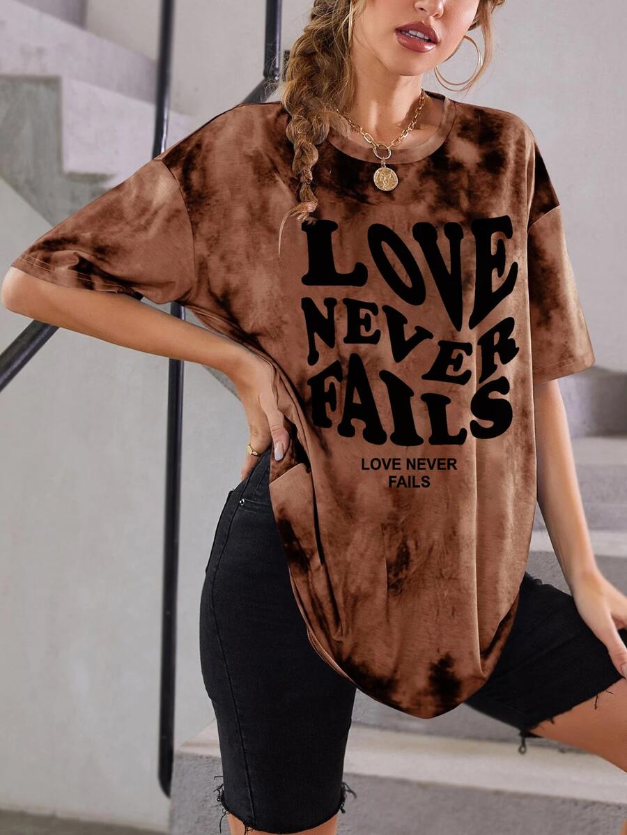 SHEIN Unity Slogan Graphic Tie Dye Drop Shoulder Tee - Brown - View 1