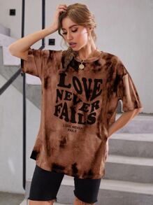 SHEIN Unity Slogan Graphic Tie Dye Drop Shoulder Tee - Brown - View 5