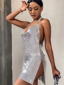 Backless Split Hem Draped Metallic Halter Dress - Silver - View 1