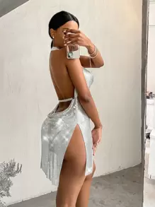 Backless Split Hem Draped Metallic Halter Dress - Silver - View 2