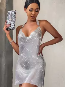 Backless Split Hem Draped Metallic Halter Dress - Silver - View 7