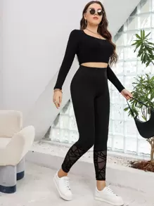 Calvaya Plus Contrast Geo Mesh Leggings, Summer - Black - View 5