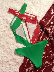 聖誕雪花圖案鏤空羅紋連體泳衣 - 彩色 - 查看 2