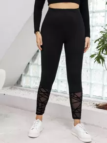 Calvaya Plus Contrast Geo Mesh Leggings, Summer - Black - View 6