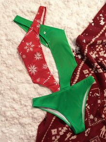 聖誕雪花圖案鏤空羅紋連體泳衣 - 彩色 - 查看 7
