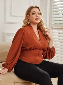 SHEIN Clasi 大碼燈籠袖前排扣襯衫 - 亮橙色 - 查看 2