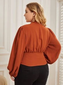 SHEIN Clasi 大碼燈籠袖前排扣襯衫 - 亮橙色 - 查看 3