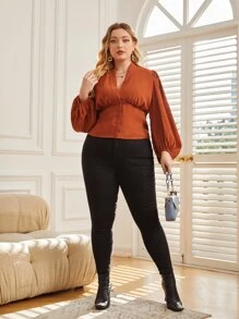 SHEIN Clasi 大碼燈籠袖前排扣襯衫 - 亮橙色 - 查看 5