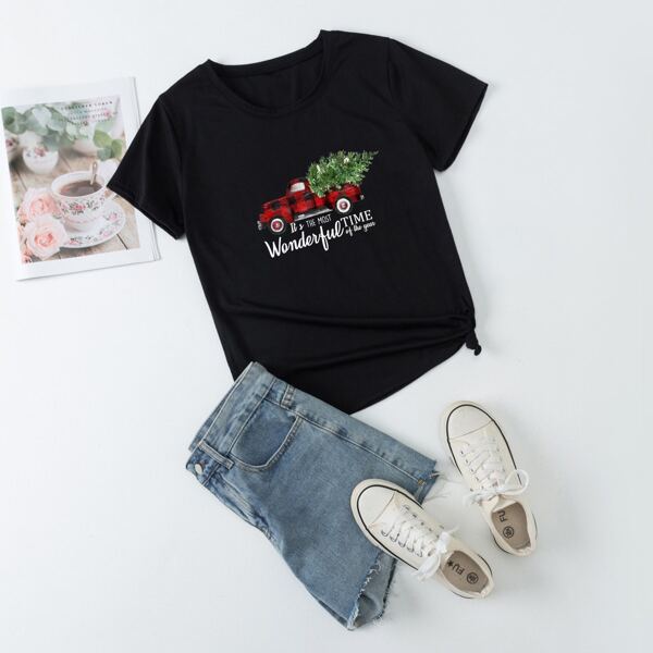 

Slogan & Christmas Tree Print Tee, Black