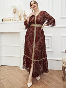 Đầm Plus Size Viên lá sen Ruy băng Hoa Hấp dẫn - Đỏ - Xem 1