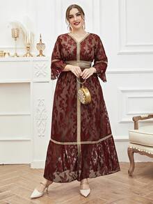 Đầm Plus Size Viên lá sen Ruy băng Hoa Hấp dẫn - Đỏ - Xem 3