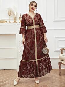 Đầm Plus Size Viên lá sen Ruy băng Hoa Hấp dẫn - Đỏ - Xem 4