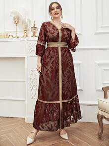 Đầm Plus Size Viên lá sen Ruy băng Hoa Hấp dẫn - Đỏ - Xem 6