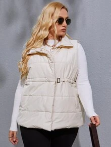 Plus Size Buckle Belted Padded Padded Coat Clothes Winter - Beige - View 3