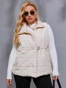 Plus Size Buckle Belted Padded Padded Coat Clothes Winter - Beige - View 4