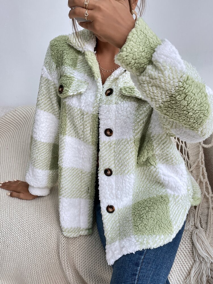 SHEIN LUNE Button Front Gingham Teddy Coat - Multicolor - View 1