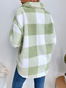 SHEIN LUNE Button Front Gingham Teddy Coat - Multicolor - View 2