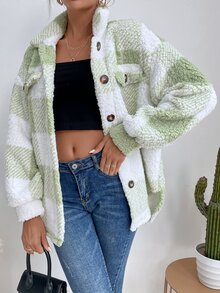 SHEIN LUNE Button Front Gingham Teddy Coat - Multicolor - View 3