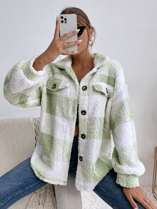 SHEIN LUNE Button Front Gingham Teddy Coat - Multicolor - View 4