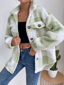 SHEIN LUNE Button Front Gingham Teddy Coat - Multicolor - View 5