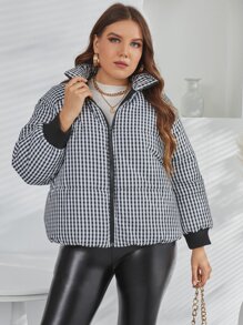 Abrigo con relleno con manga raglán con cremallera a cuadros, talla grande, ropa de invierno - Blanco y Negro - Ver 1