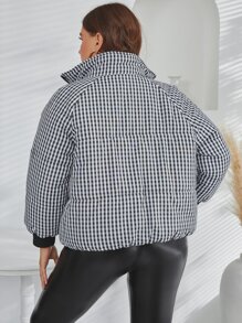 Abrigo con relleno con manga raglán con cremallera a cuadros, talla grande, ropa de invierno - Blanco y Negro - Ver 2