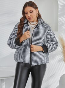 Abrigo con relleno con manga raglán con cremallera a cuadros, talla grande, ropa de invierno - Blanco y Negro - Ver 3