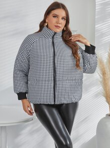 Abrigo con relleno con manga raglán con cremallera a cuadros, talla grande, ropa de invierno - Blanco y Negro - Ver 5