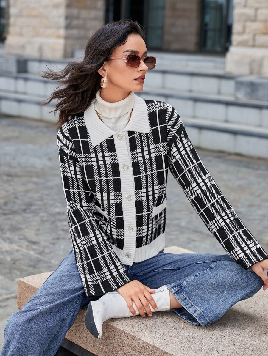 Mulvari Cárdigan de cuadros con botón - Blanco y Negro - Ver 1