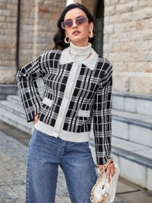 Mulvari Cárdigan de cuadros con botón - Blanco y Negro - Ver 3