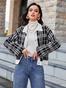 Mulvari Cárdigan de cuadros con botón - Blanco y Negro - Ver 6