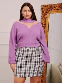 SHEIN Unity 大碼前鏤空小高領套頭毛衣 - 紫丁香色 - 查看 1