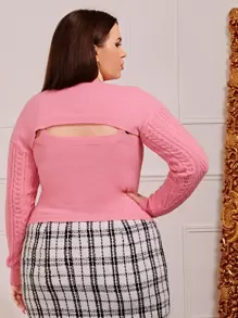 SHEIN Unity Plus Drop Shoulder Super Crop Cardigan With Cable Knit Top - Pink - View 2