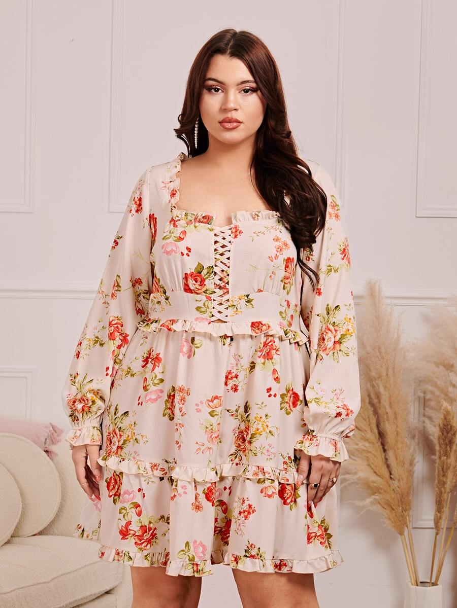 SHEIN VCAY 大碼印花交叉褶邊荷葉袖不附腰帶連衣裙 - 彩色 - 查看 1