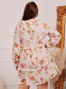 SHEIN VCAY 大碼印花交叉褶邊荷葉袖不附腰帶連衣裙 - 彩色 - 查看 2