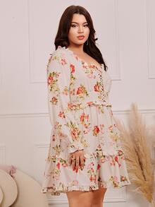 SHEIN VCAY 大碼印花交叉褶邊荷葉袖不附腰帶連衣裙 - 彩色 - 查看 5