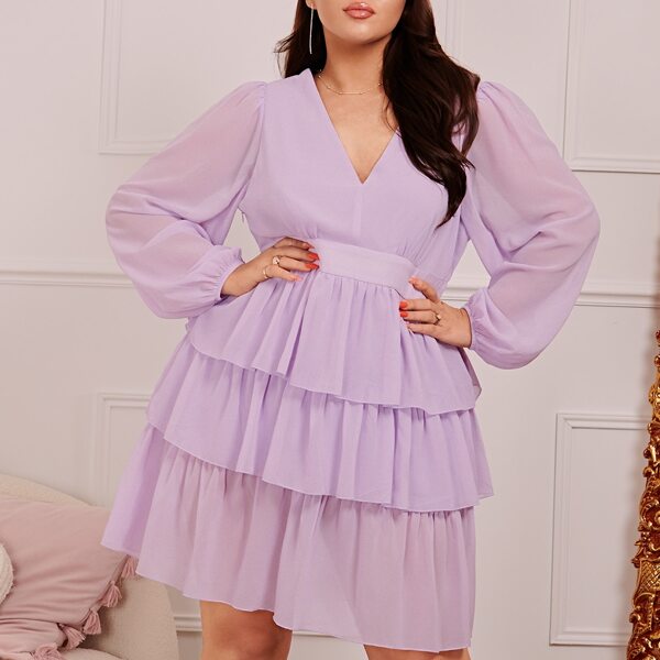 

размера плюс Платье с рукавами-фонариками многослойный из шифона, Сиреневый фиолетовый