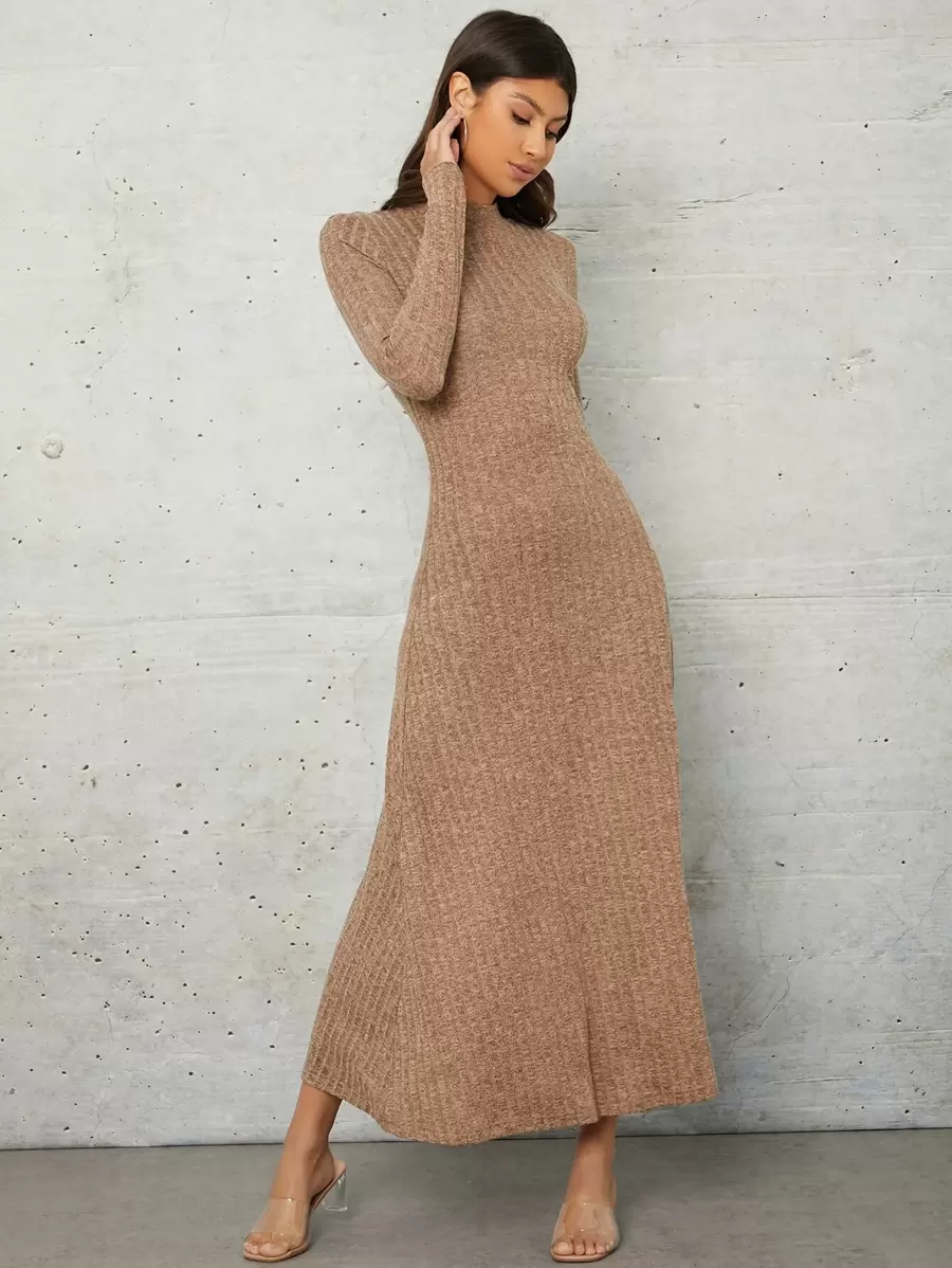 Mulvari Marled Knit Mock Neck Dress - Mocha Brown - View 1