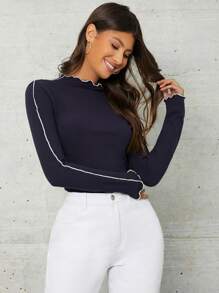 Modelyn Áo thun nữ Xù nhỏ Gân đan màu trơn Giải trí - Màu xanh hải quân - Xem 4